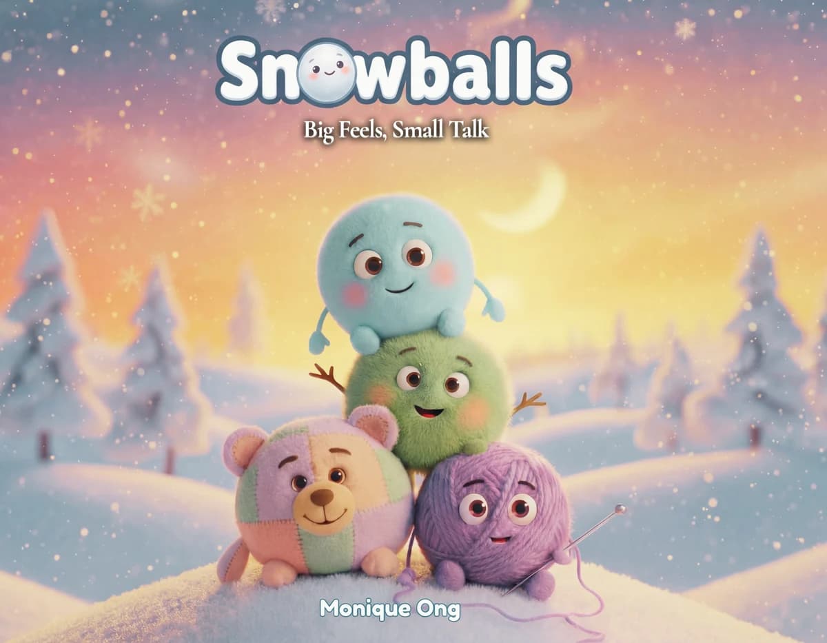 Snowballs: Big Feels, Small Talk — the book featuring all five characters in a snowy landscape